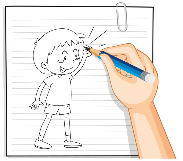 Hand Writing Boy Fighting Pose Outline Illustration — Stock Vector
