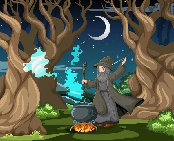Zauberer Oder Hexe Mit Zaubertopf Auf Dunklen Wald Szene Illustration — Stockvektor