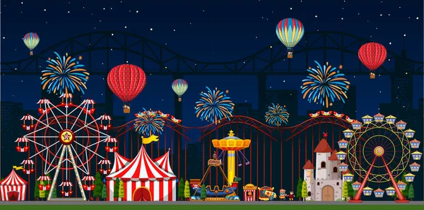 Amusement Park Scene Night Balloons Fireworks Illustration — Stock Vector