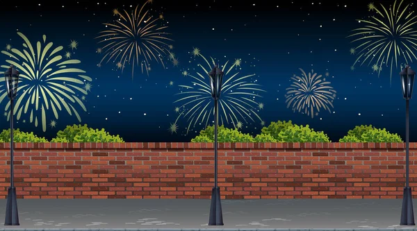 Vista Strada Con Celebrazione Fuochi Artificio Scena Illustrazione — Vettoriale Stock