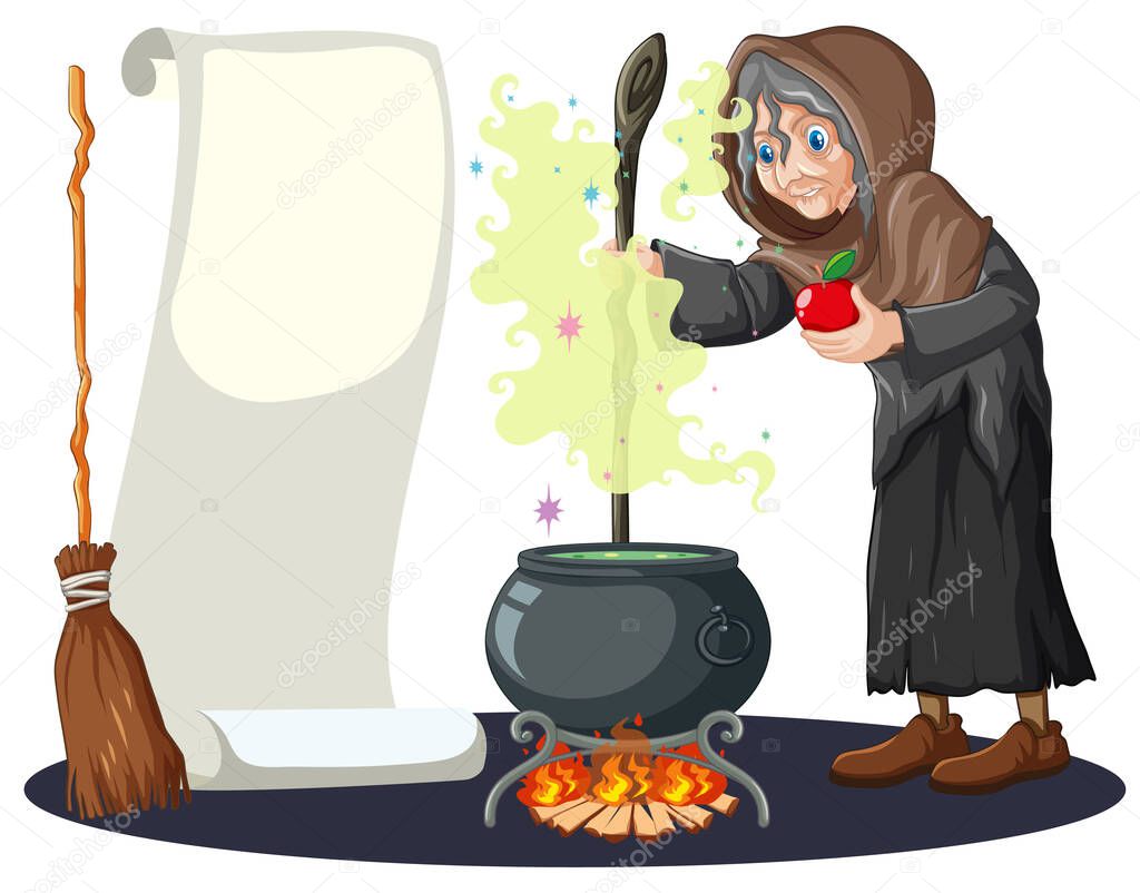 Old witch with black magic pot and broomstick and blank banner paper cartoon style isolated on white background illustration