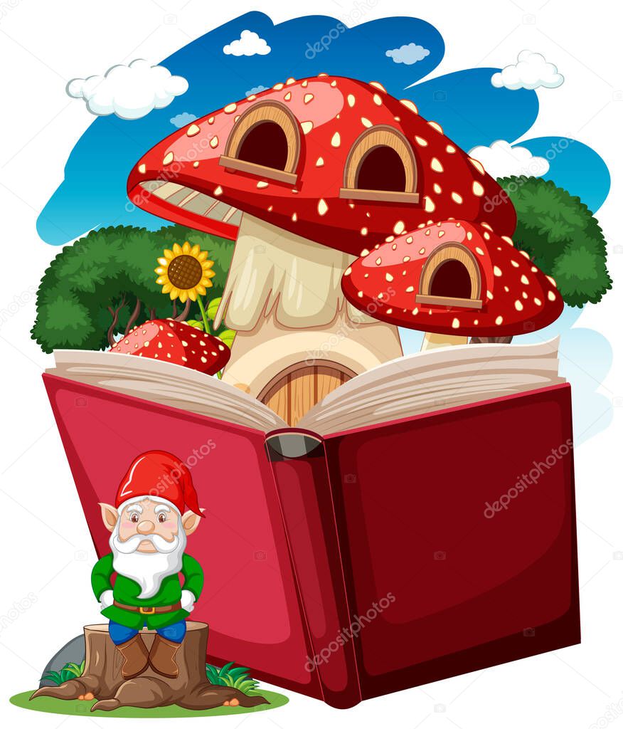 Gnome and mushroom house with pop up book cartoon style on white background illustration