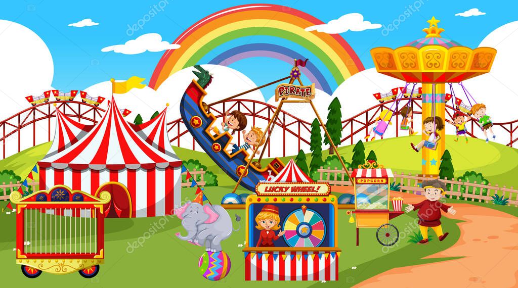 Amusement park scene at daytime with rainbow in the sky illustration
