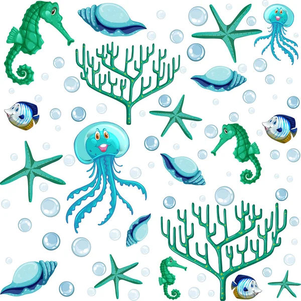 Set Animali Marini Coralli Verde Blu Ombra Cartone Animato Sfondo — Vettoriale Stock