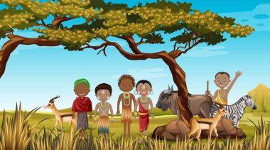 Afrika kabilelerinin geleneksel giysileri içindeki etnik insanları doğa arkaplan resimlerinde