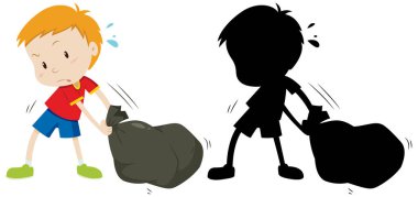 Çocuk siyah çöp torbasını renkli ve silüet resimli sürüklüyor.