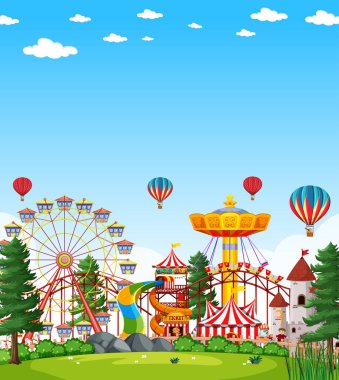 Boş mavi gökyüzü illüstrasyonuyla gündüz vakti eğlence parkı sahnesi