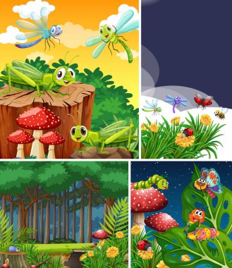 Bahçe arka planında yaşayan bir grup farklı böcek.