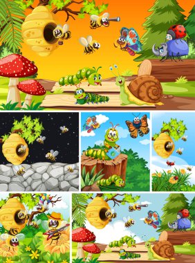 Bahçe arka planında yaşayan bir grup farklı böcek.