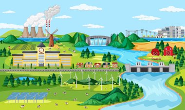 Manufactory ve rüzgar türbini ve uzun nehir manzarası çizimi