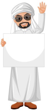 Arap kostümü giyen ve elinde boş afiş olan yetişkin bir adam.