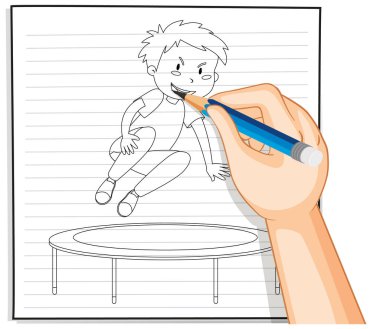 Trambolinde zıplayan çocuğun el çizimi.