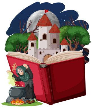 Beyaz arkaplanda çizgi film tarzıyla Cadı ve Kale Kulesi