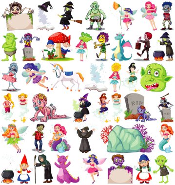 Beyaz arkaplanda izole edilmiş fantastik çizgi film karakterleri ve fantezi teması