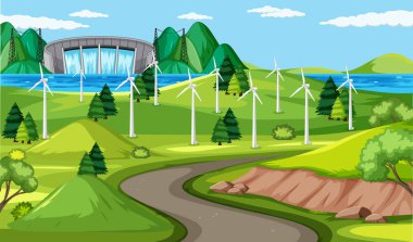 Wind turbine and long road scene and dam background illustration clipart