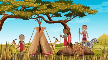 Afrika kabilelerinin geleneksel giysileri içindeki etnik insanları doğa arkaplan resimlerinde