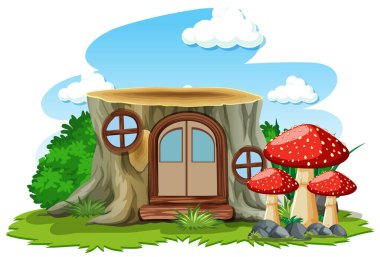 Beyaz arkaplan illüstrasyonunda mantarlı stump evi
