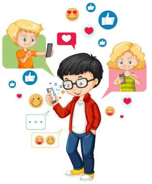Sosyal medya emoji simgesi çizim biçimli akıllı telefon kullanan inek çocuk beyaz arkaplan illüstrasyonunda izole edilmiş