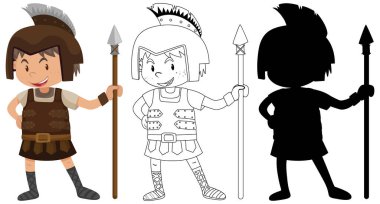 Silüeti ve çizimi olan şövalye kostümü giymiş bir çocuk.