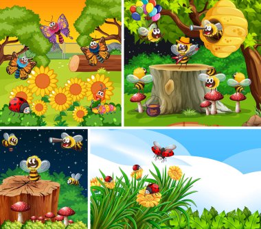 Bahçe arka planında yaşayan bir grup farklı böcek.