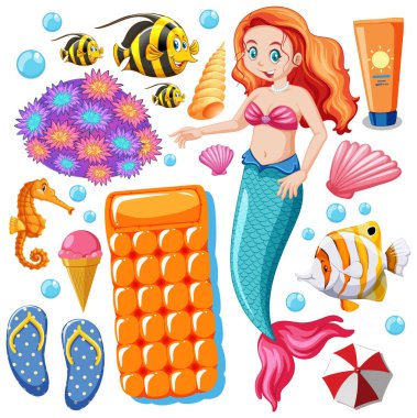 Beyaz arkaplan illüstrasyonunda deniz kızı ve yaz ikonu çizgi film karakteri