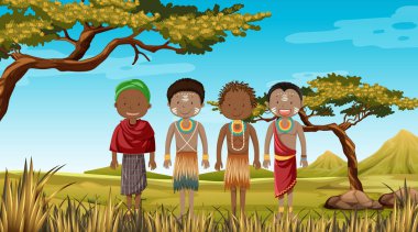 Afrika kabilelerinin geleneksel giysileri içindeki etnik insanları doğa arkaplan resimlerinde