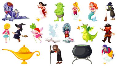 Beyaz arkaplanda izole edilmiş fantastik çizgi film karakterleri ve fantezi teması