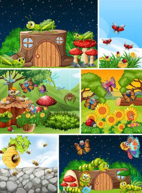 Bahçe arka planında yaşayan bir grup farklı böcek.