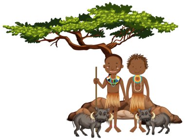 Afrika kabilelerinin etnik insanları ve vahşi hayvan çizimleri.