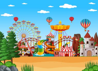 Gündüz vakti gökyüzünde balonlarla lunapark sahnesi