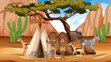 Afrika kabilelerinin vahşi doğa arka planındaki aileleri.