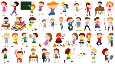 Bir grup sevimli çocuk çizgi film karakteri çizimi