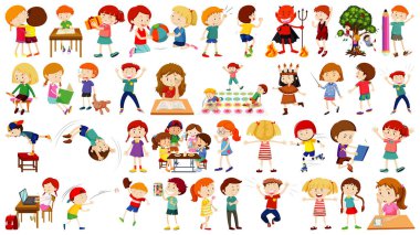 Bir grup sevimli çocuk çizgi film karakteri çizimi