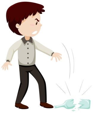Adam beyaz arkaplanda izole edilmiş kızgın karikatür karakteriyle şişe bardağını fırlatıyor.