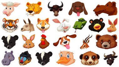 Bir grup farklı çizgi film hayvanı beyaz arkaplan çiziminde büyük bir izole kafaya sahipler.