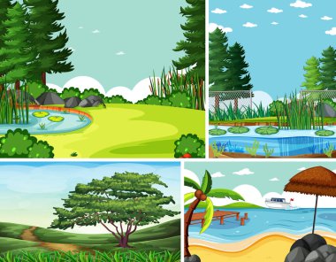 Doğada dört farklı sahne çizgi film stili çizimi