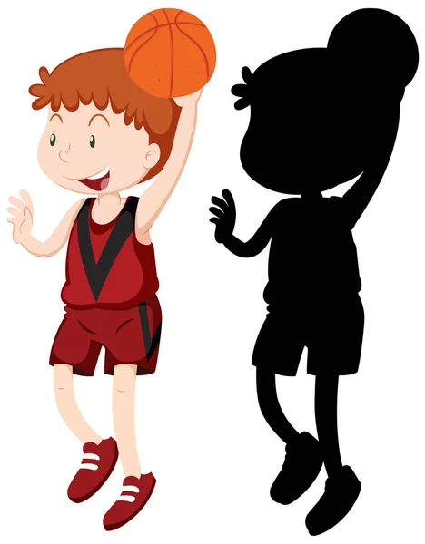 Pojke Som Spelar Basket Färg Och Siluett Illustration — Stock vektor