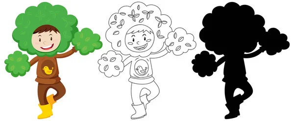 Niño Con Traje Árbol Color Contorno Ilustración Silueta — Vector de stock