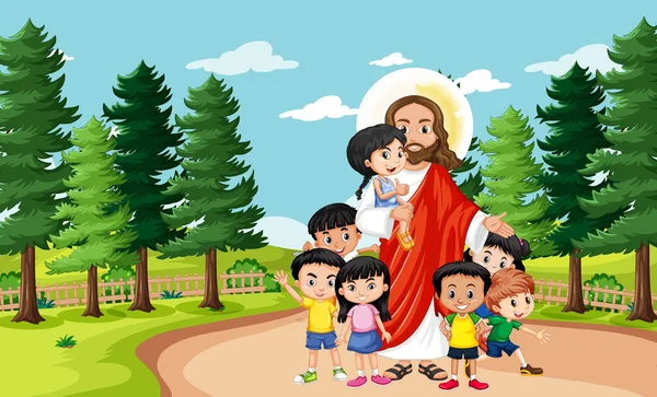 Jesus Children Park Illustration — Stock Vector