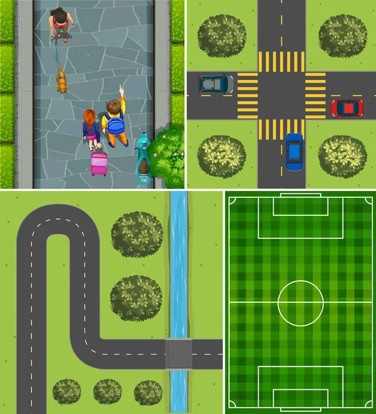 Set Von Luft Fußballplatz Und Straße Szene Illustration — Stockvektor