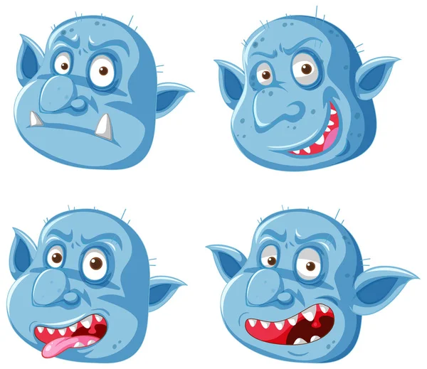Conjunto Goblin Azul Troll Rosto Diferentes Expressões Estilo Cartoon Ilustração — Vetor de Stock
