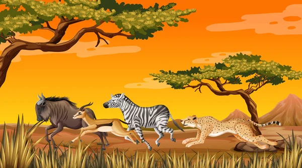 Animali Selvatici Esecuzione Savanna Illustrazione — Vettoriale Stock