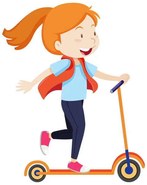 Girl Riding Scooter Happy Mood Cartoon Style Isolated Illustration — Stock Vector