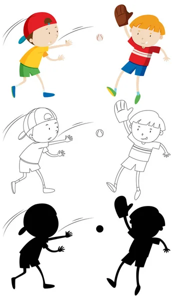 Two Kids Playing Baseball Color Outline Silhouette Illustration — Stock Vector