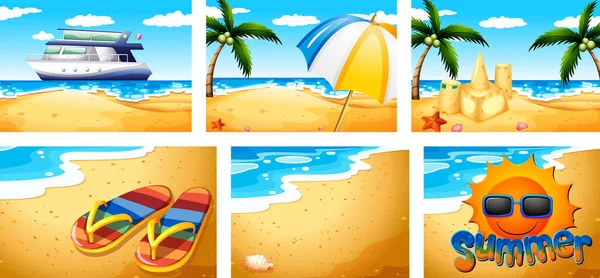 Set Von Sommer Strand Szenen Illustration — Stockvektor