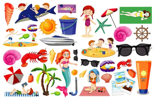 一套以白色背景图为背景的夏季海滩图标和儿童卡通风格 — 图库矢量图片