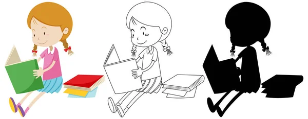 Gadis Membaca Buku Dalam Warna Dan Garis Besar Dan Ilustrasi - Stok Vektor