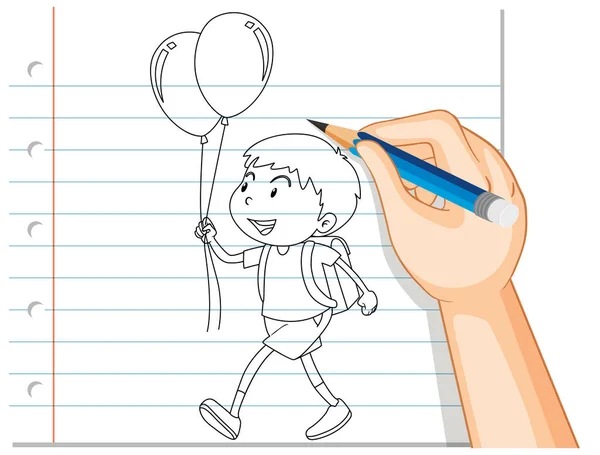 Escrita Mão Menino Segurando Balão Ilustração — Vetor de Stock