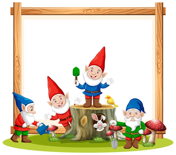 Gnomes Groep Met Lege Banner Witte Achtergrond Illustratie — Stockvector