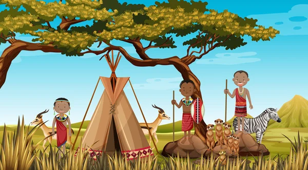 Ethnische Menschen Afrikanischer Stämme Traditioneller Kleidung Der Natur Hintergrundillustration — Stockvektor